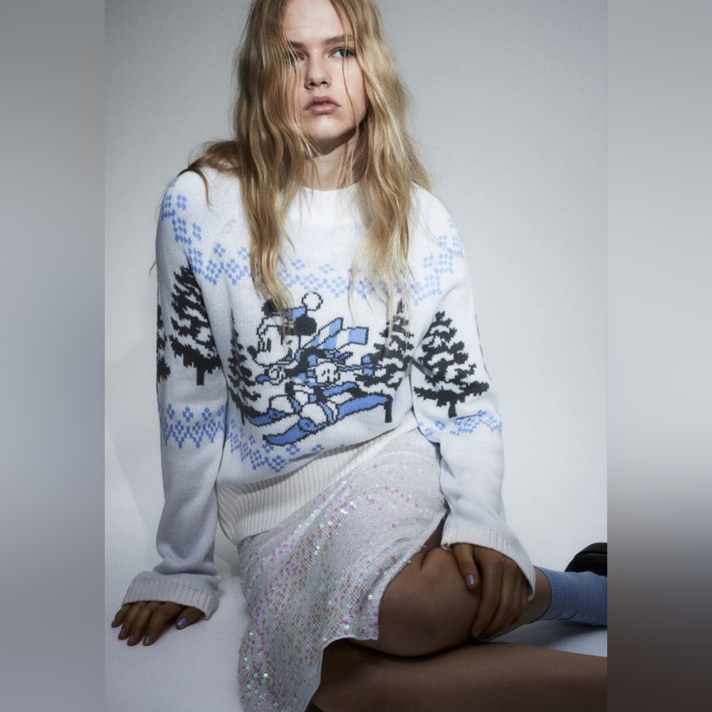 BNWT H&M Jacquard-Knit Sweater White Blue Mickey Mouse